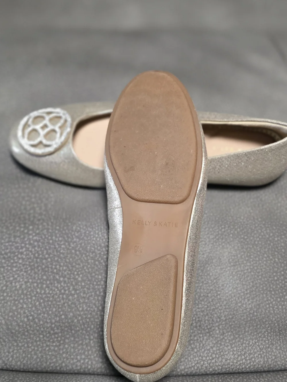 Kelly & Katie Metallic Champagne Ballet Flats with Rhinestone Medallion